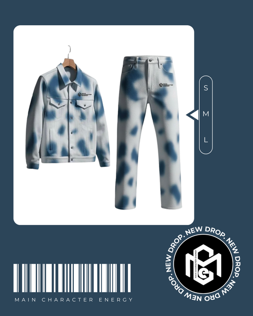 CLOUD FADE limited edition denim set by Main Character Energy, jacket and pants design mockup