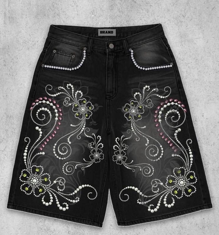 Denim fabric detail of Floral Coupe jorts by MCE